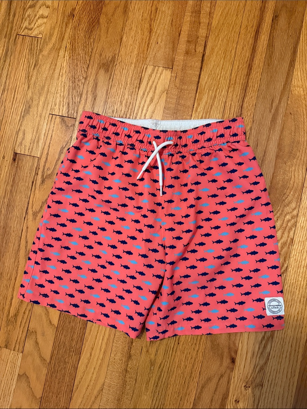 Abercrombie kids coral Swim Trunks with Blue Fish Print size 11/12